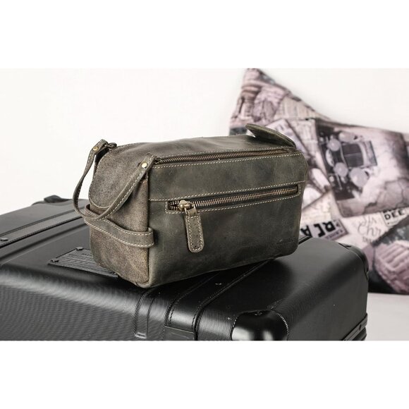 Unisex Charcoal Black Premium Buffalo Leather Toiletry Bag Travel Shaving kit - Picture 8 of 9